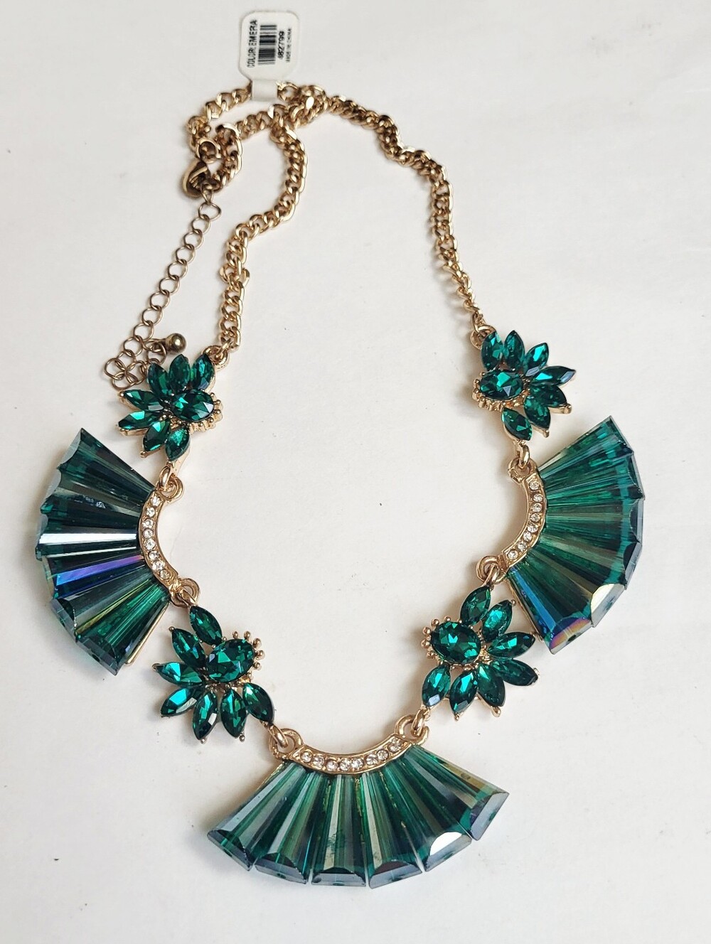 Emerald and Gold Tone Fan Crystal Statement Necklace